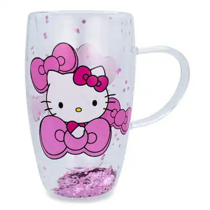 Front. Silver Buffalo - Sanrio Hello Kitty Bows and Stars Confetti Glass Mug | Holds 15 Ounces - Pink.