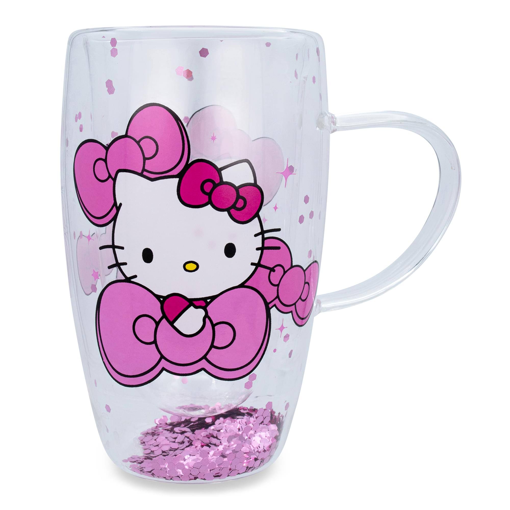 Front. Silver Buffalo - Sanrio Hello Kitty Bows and Stars Confetti Glass Mug | Holds 15 Ounces - Pink.