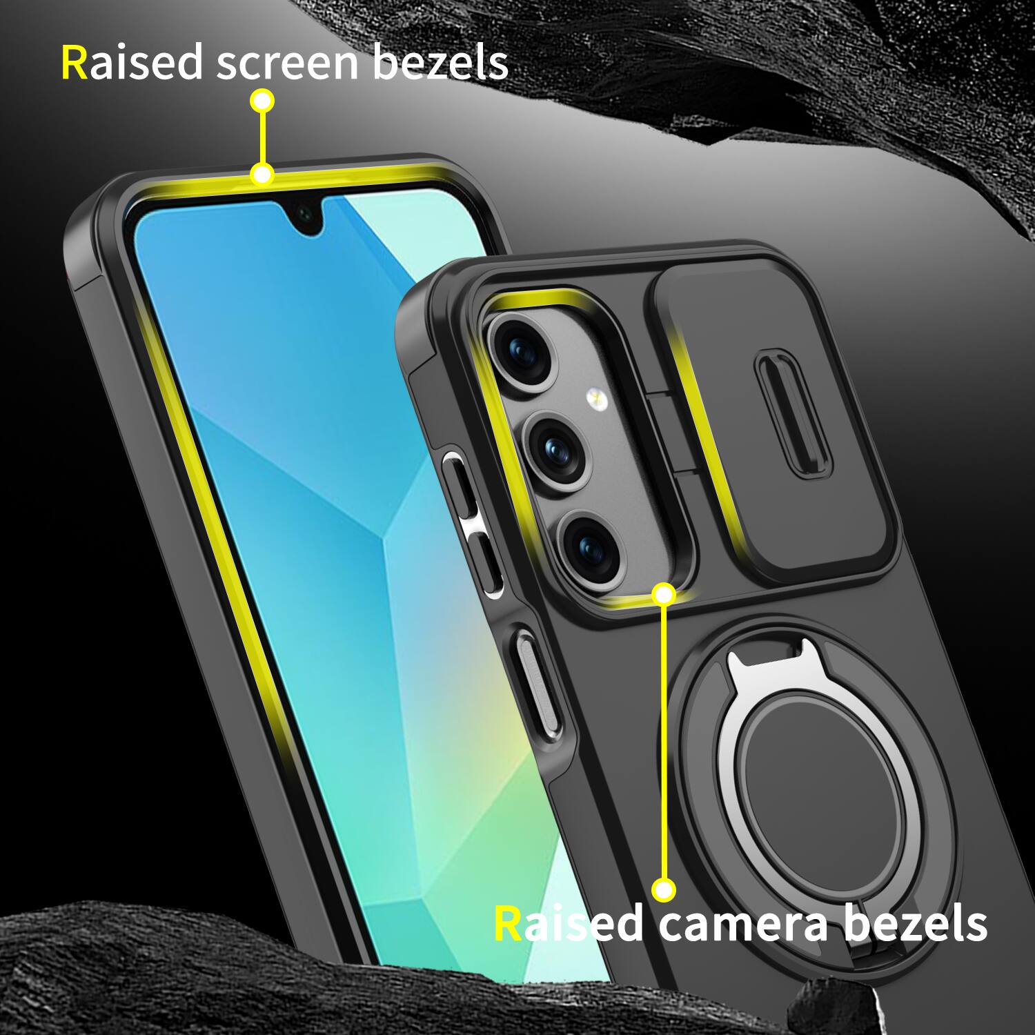 Raised screen bezels  
Raised camera bezels