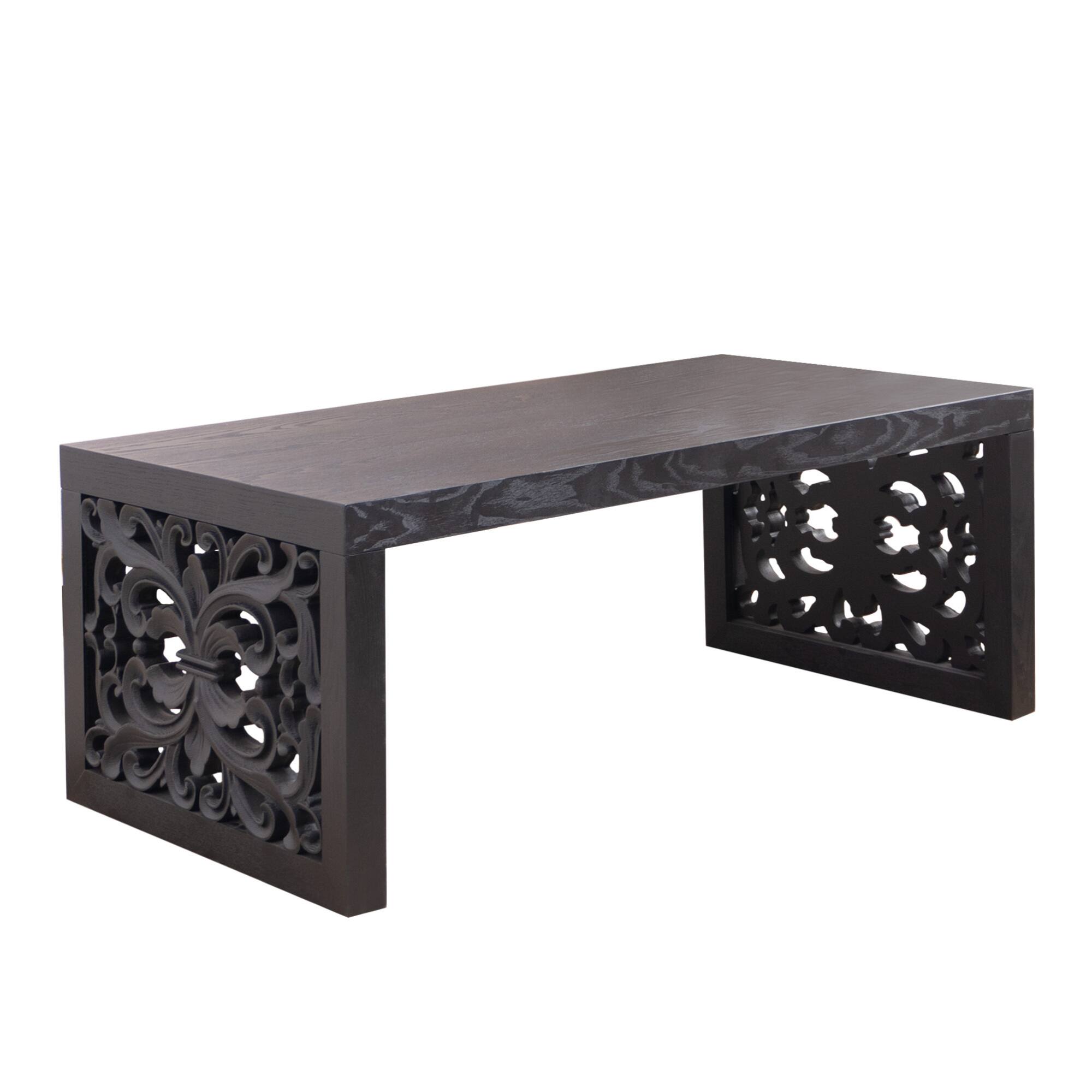 Alt View 2. GOODSILO - Handcrafted Rustic Wood Coffee Table with Ornate Side Panels and Natural Finish - Black.