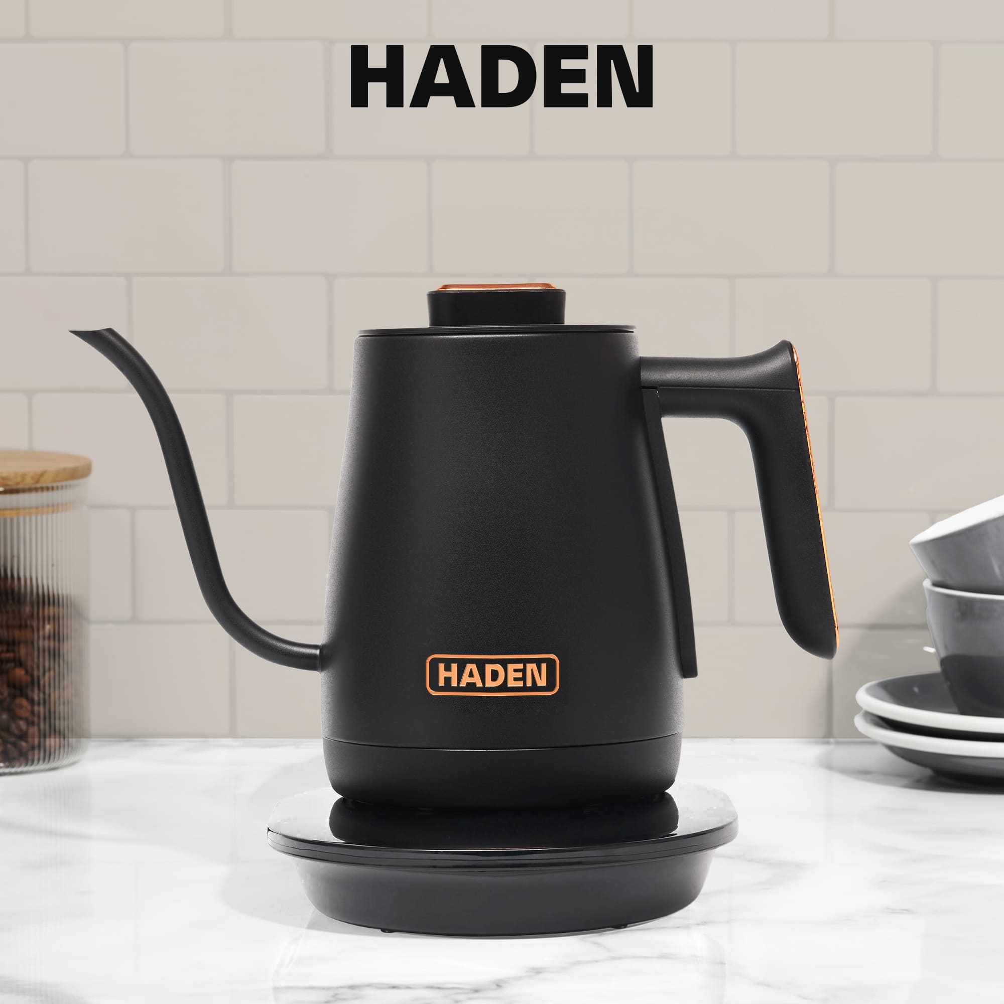Haden - Electric Tea Kettle, Gooseneck Hot Water Boiler, 0.6L Teapot, Black/Copper - Black, Copper