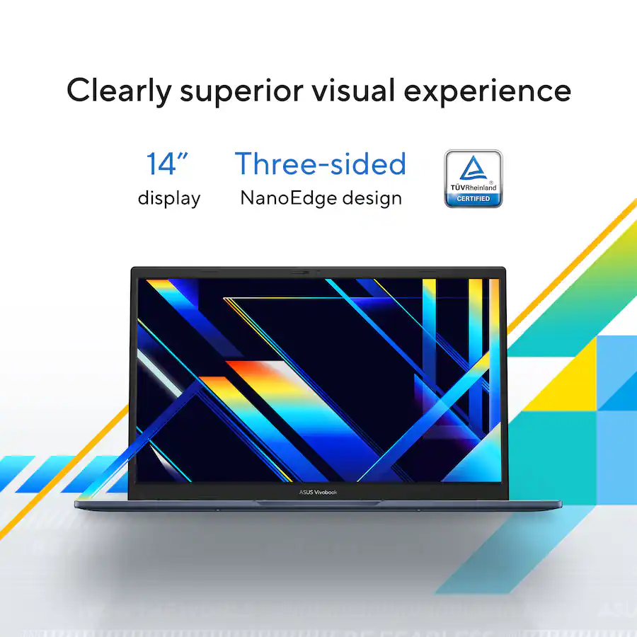 El texto de la imagen dice: "Experiencia visual claramente superior. Pantalla TUVRheinland de tres lados de 14". Diseño NanoEdge. CERTIFICADO ASUS Vivobook. No tengas miedo. ASUS VIVOBOOK."