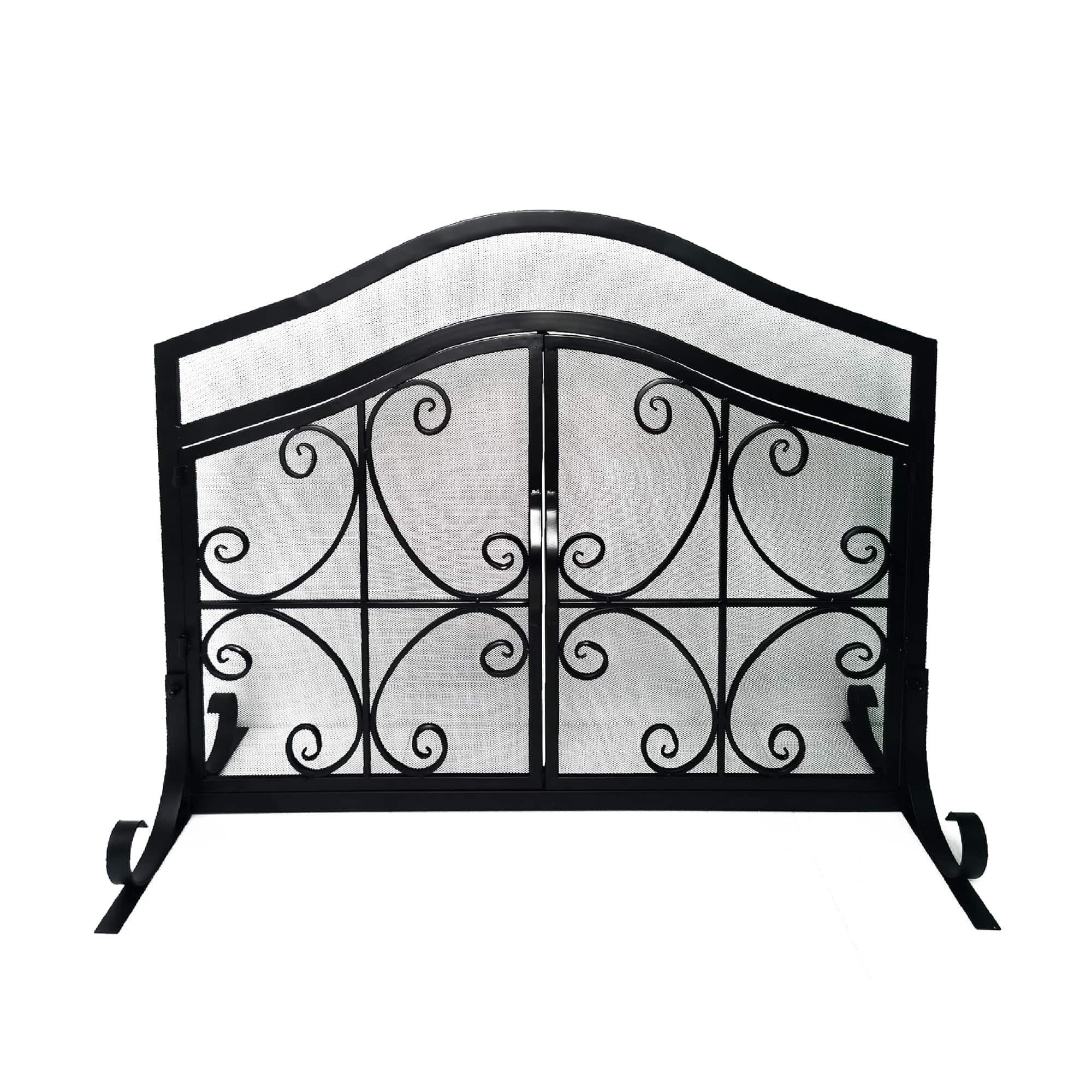 TinyHomie - 43inch 2 Door Iron Fireplace Screen Mesh Scrollwork Black