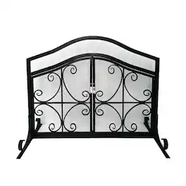 Manhattan Lane - 43 Inches 2 Door Iron Fireplace Screen, Mesh Design, Scrollwork - Black