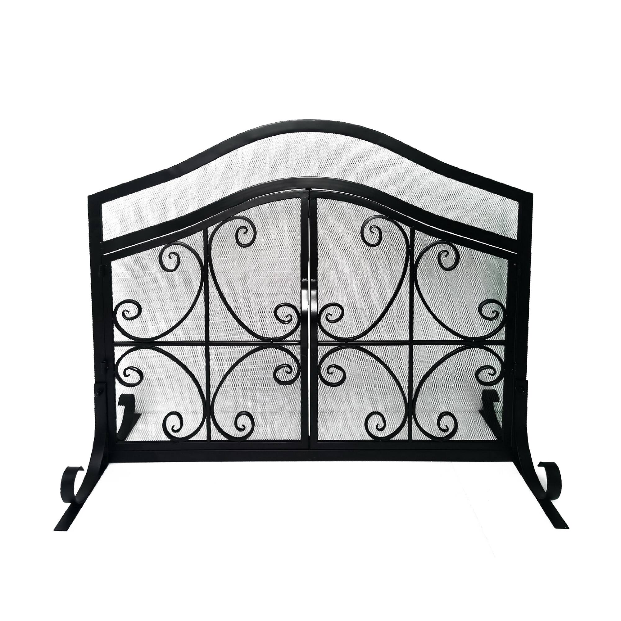 Manhattan Lane - 43 Inches 2 Door Iron Fireplace Screen, Mesh Design, Scrollwork - Black