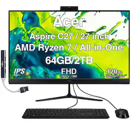 Acer - Upgraded - Aspire C27 All-in-One 27 FHD Display (Ryzen 7 5825U, 64GB, 2TB SSD, AMD Radeon, WiFi 6E, Win 11 Pro) w/USB Hub