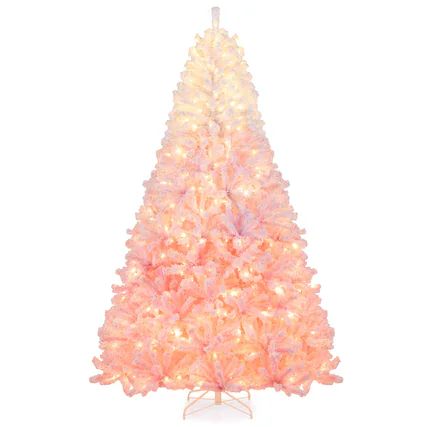Front. Costway - Costway 8 FT Artificial Christmas Tree with 470 Warm White LED Lights, 8 Lighting Modes & Folding Metal Stand - Pink+White.