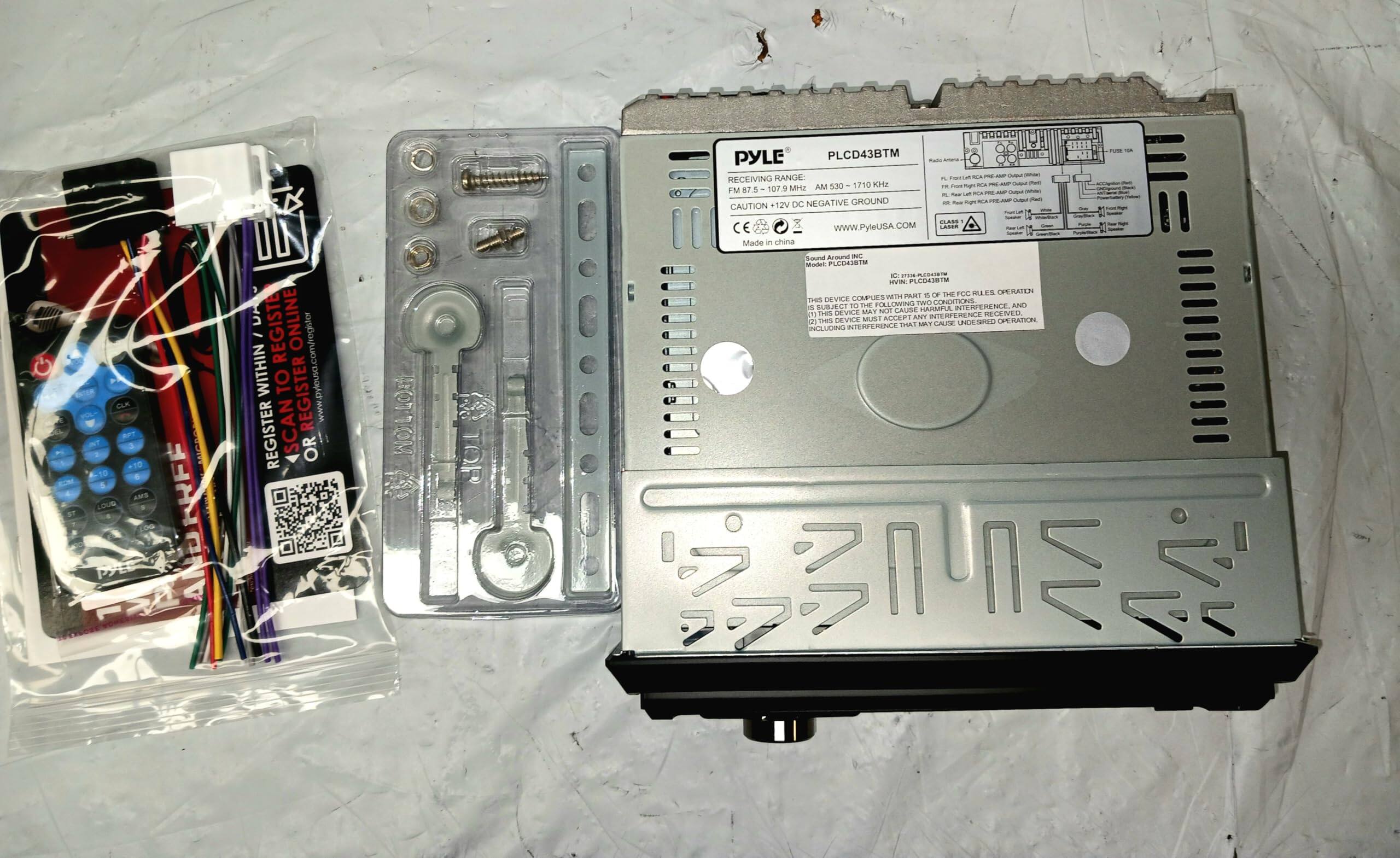 PYLE PLC438TM

RECEIVING RANGE:
AM 530 - 1710 kHz
FM 87.5 - 107.9 MHz

CAUTION: 12V DC NEGATIVE GROUND

www.PyleUSA.COM

Made in China

CLASS CE

THIS DEVICE COMPLIES WITH THE FCC RULES OPERATING CONDITIONS SUBJECT TO THE INTERFERENCE AND MAY CAUSE HARMFUL INTERFERENCE TO OTHER DEVICES. THIS DEVICE MAY ACCEPT ANY INTERFERENCE RECEIVED, INCLUDING INTERFERENCE THAT MAY CAUSE UNDESIREABLE OPERATION.

REGISTER ONLINE
www.pyleusa.com/register

REGISTER OR SCAN QR CODE

Sound Audio Inc.
IC: F7934883

PYLE PLC438TM

RECEIVING RANGE:
AM 530 - 1710 kHz
FM 87.5 - 107.9 MHz

CAUTION: 12V DC NEGATIVE GROUND

www.PyleUSA.COM

Made in China

CLASS CE

THIS DEVICE COMPLIES WITH THE FCC RULES OPERATING CONDITIONS SUBJECT TO THE INTERFERENCE AND MAY CAUSE HARMFUL INTERFERENCE TO OTHER DE