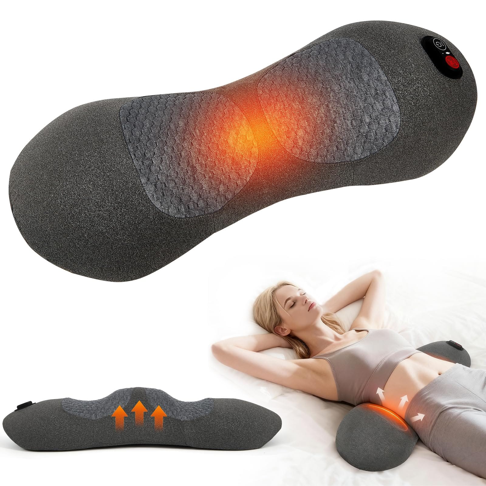 Live At Space - Rechargeable 3-in-1 Heated Lumbar Pillow with Airbag Massage & Adjustable Height for Bed/Chair - 642146676420