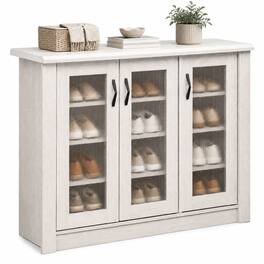 Costway - 3-Door Shoe Cabinet with Removable Shelves, Fluted Transparent Doors, Cable Holes - 3-Door White