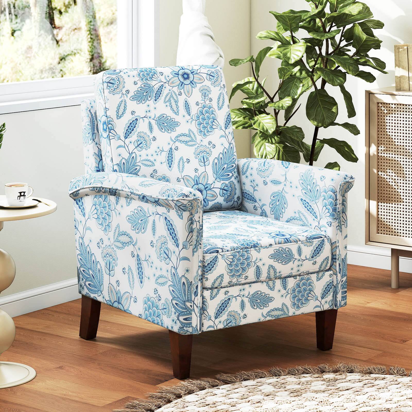 Alt View 4. Costway - Costway 2 PCS Floral Accent Chair with Solid Wood Legs & High Back Thick Comfy Cushions - Blue.