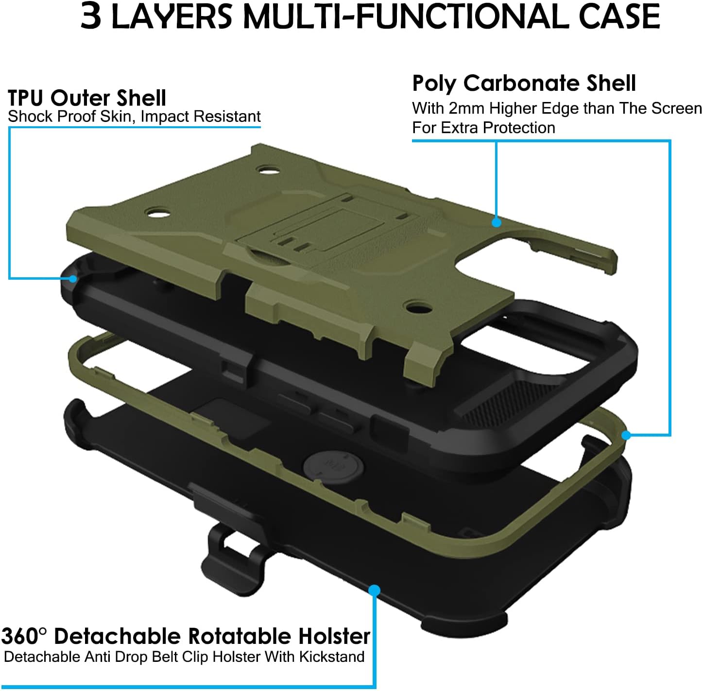 3 LAYERS MULTI-FUNCTIONAL CASE

TPU Outer Shell
Shock Proof Skin, Impact Resistant

Poly Carbonate Shell
With 2mm Higher Edge than The Screen For Extra Protection

360° Detachable Rotatable Holster
Detachable Anti Drop Belt Clip Holster With Kickstand
