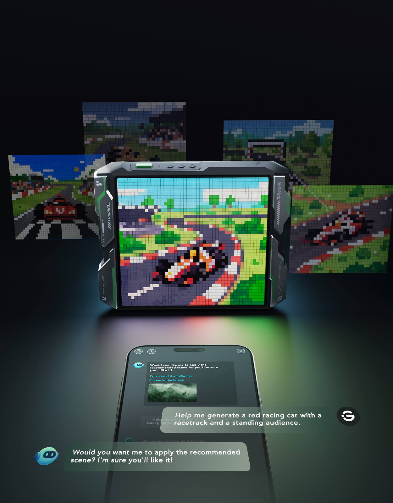 ONTO NYDI SAme | GUAEENT E Would ve . . . spaTV . reoended - m PPm -- F .- ... Pur - . amwnna Pus - - tha Saranl Help me generate a red racing car with a Helgme backgrbund racetrack and a standing audience. Ae 200 - da - fOr 1 Would you want me to apply the recommended scene? I'm sure you'll like it!