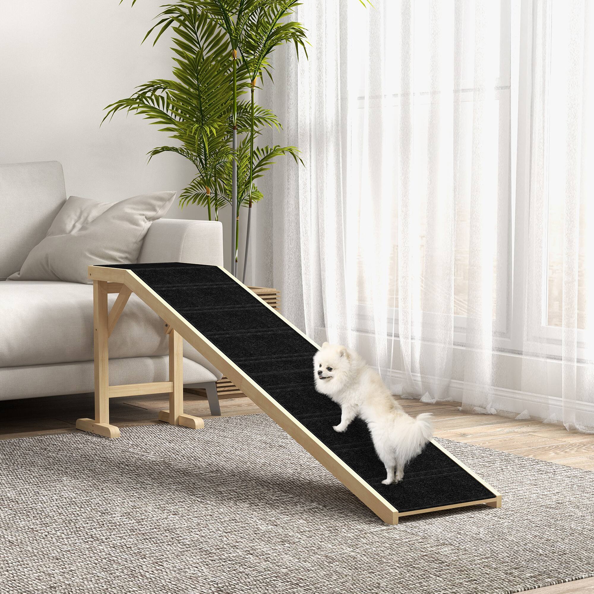 Angle. Pawhut - Dog Ramp for Bed, Pet Ramp for Dogs with Non-Slip Carpet and Top Platform, 74" x 16" x 25" - Natural Wood.