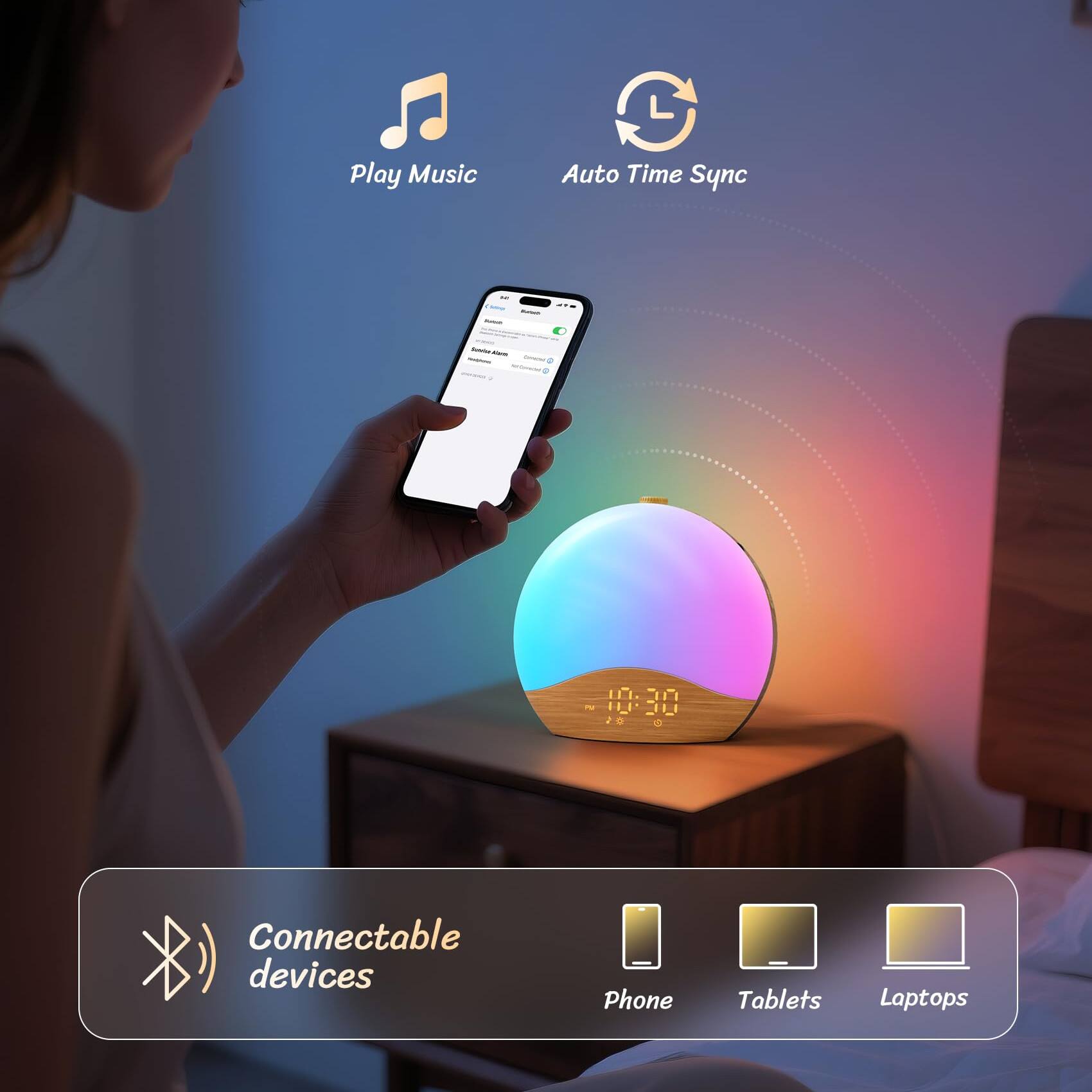 - Play Music
- Auto Time Sync
- Connectable devices: Phone, Tablets, Laptops
