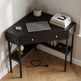 WELLFOR - Corner Computer Desk with Charging Station & Drawers, Triangle Laptop PC Work Table Writing Table for Home Office - Black