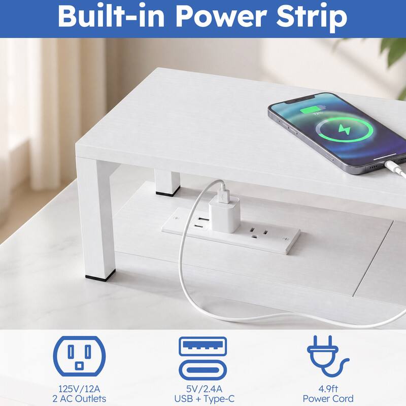 Built-in Power Strip

125V/12A 2 AC Outlets

5V/2.4A USB + Type-C

4.9ft Power Cord