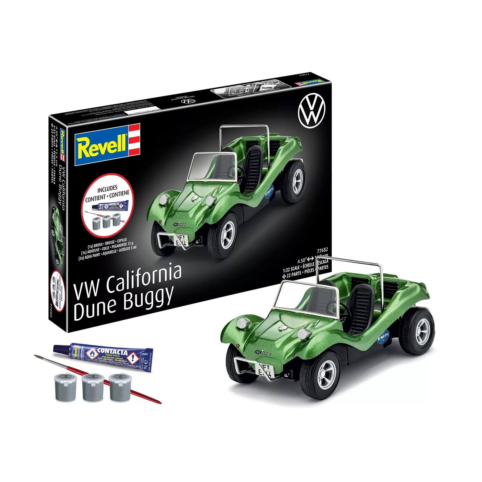 Revell VW California Dune Buggy  
Includes:  
- 1 brush (13g)  
- 2 tubes of adhesive (ml)  
- 2 tubes of acrylic paint  
- 1 tube of Contacta! glue  
- 22 parts  
Scale: 1:32  
Model number: 77682