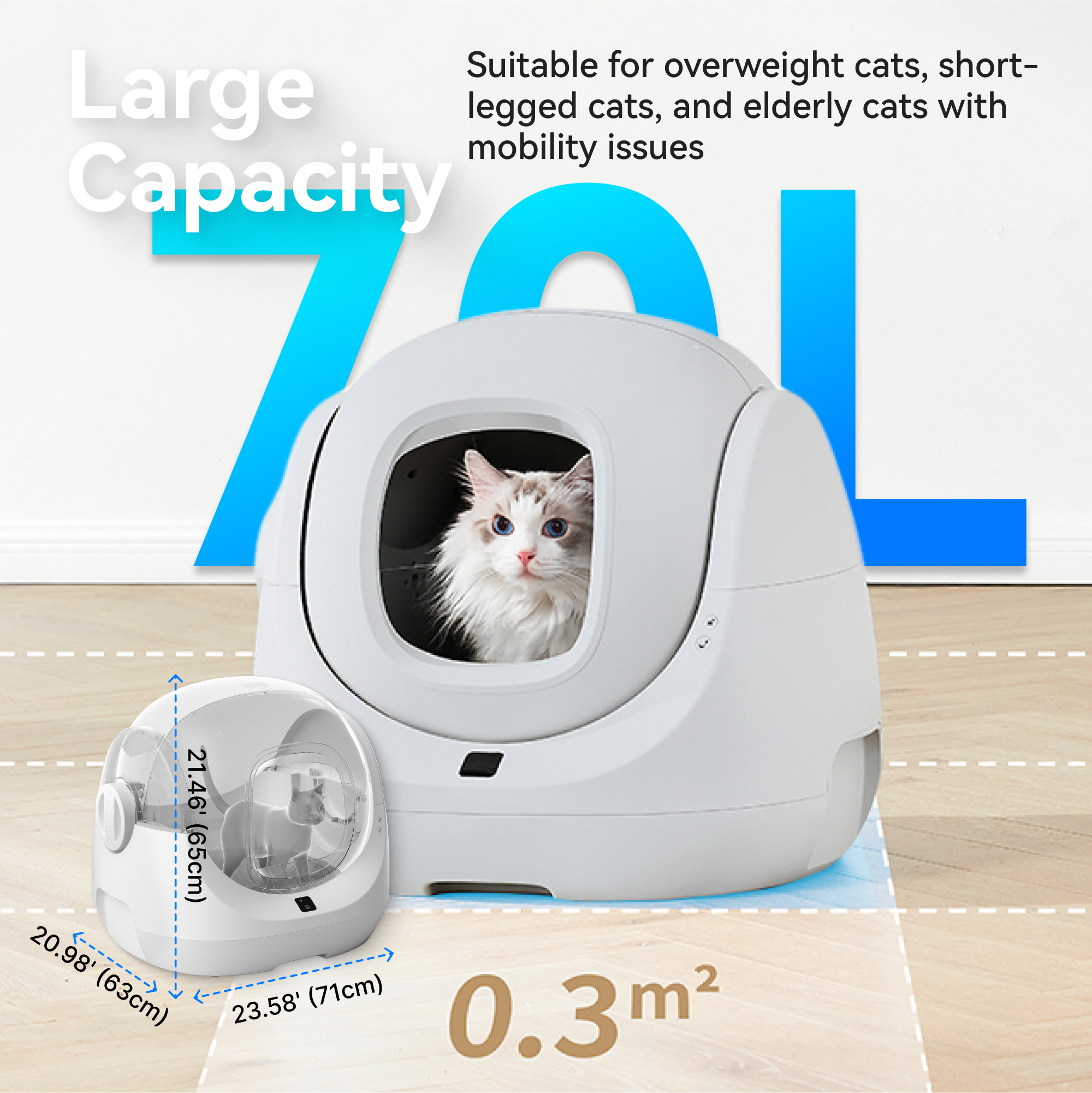 Suitable for overweight cats, short-legged cats, and elderly cats with mobility issues. Capacity: 0.3 m². Dimensions: 21.46 cm (length) x 20.98 cm (width) x 23.58 cm (height).