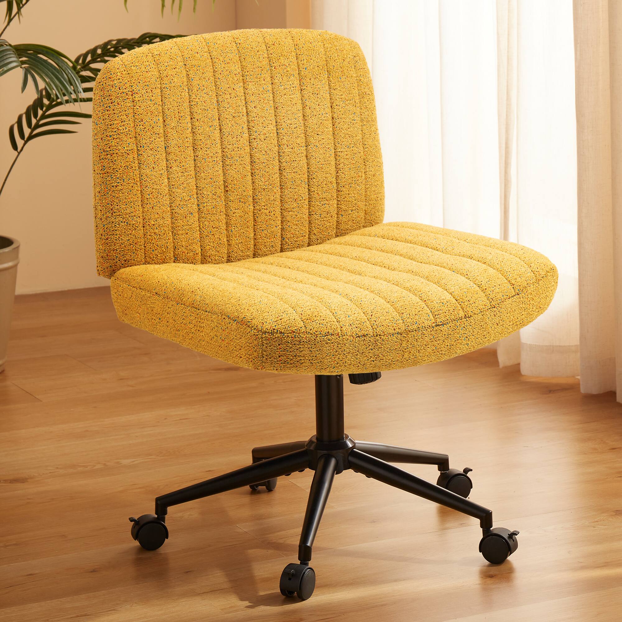 Angle. Dowinx - Criss Cross Chair with Wheels, Premium Fabric, Pocket Spring Cushion, Wide Swivel Seat, Modern Computer Vanity Chair - Yellow.