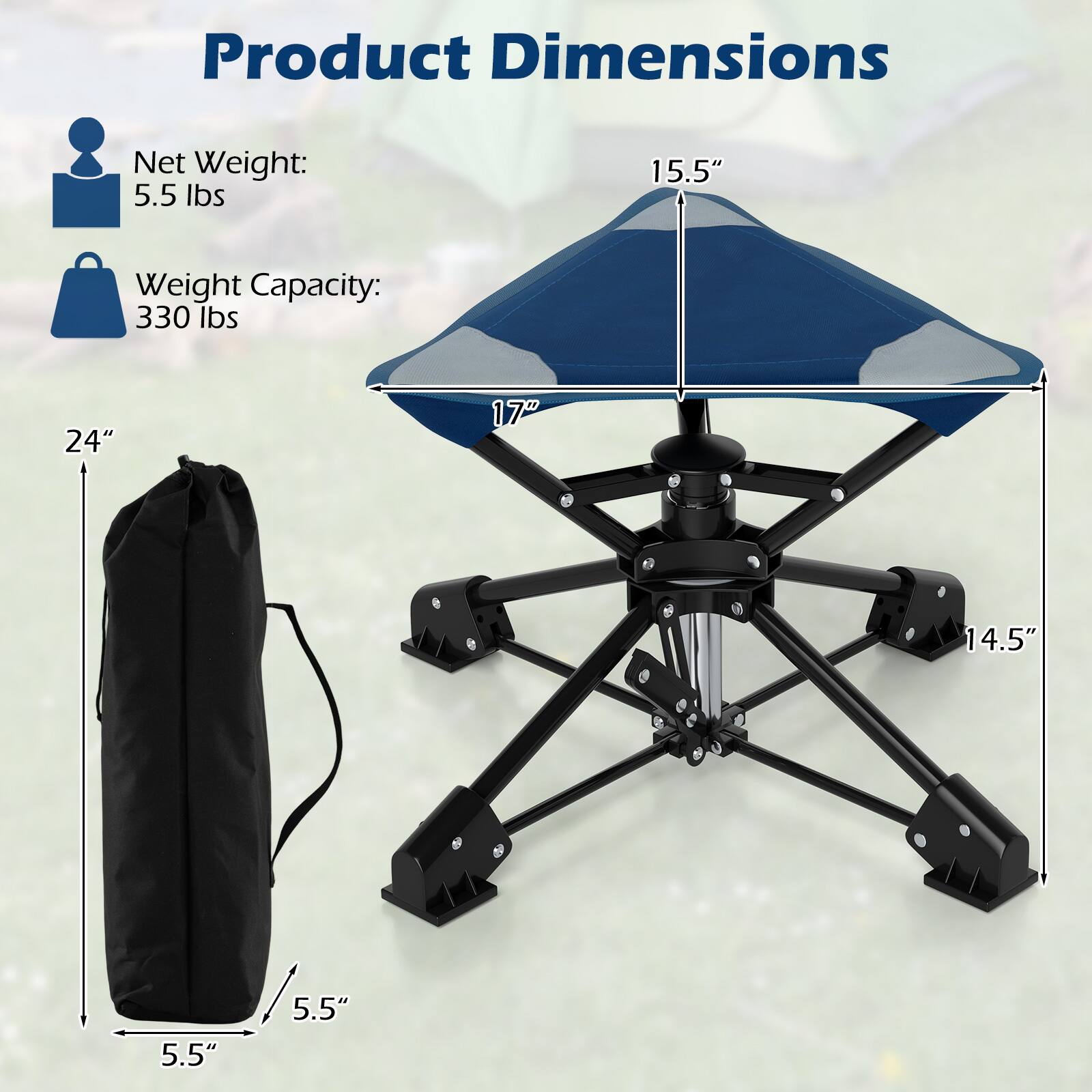 Product Dimensions

- Net Weight: 5.5 lbs
- Weight Capacity: 330 lbs

Dimensions:
- 24" (height)
- 15.5" (width)
- 17" (depth)
- 14.5" (base width)
- 5.5" (base depth)
- 5.5" (bag height)