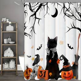 blue - Spooky Halloween Shower Curtain Set - Vibrant Printed Design,12 Hooks - 1Pcs, Pumpkin Lantern, Black Cat - black and white200