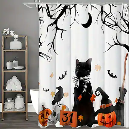 Front. blue - Spooky Halloween Shower Curtain Set - Vibrant Printed Design,12 Hooks - 1Pcs, Pumpkin Lantern, Black Cat - black and white200.