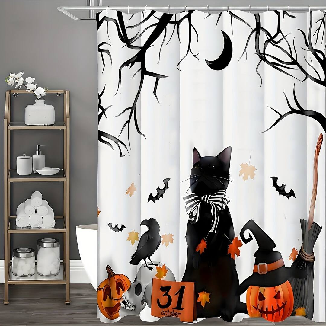 Front. blue - Spooky Halloween Shower Curtain Set - Vibrant Printed Design,12 Hooks - 1Pcs, Pumpkin Lantern, Black Cat - black and white200.