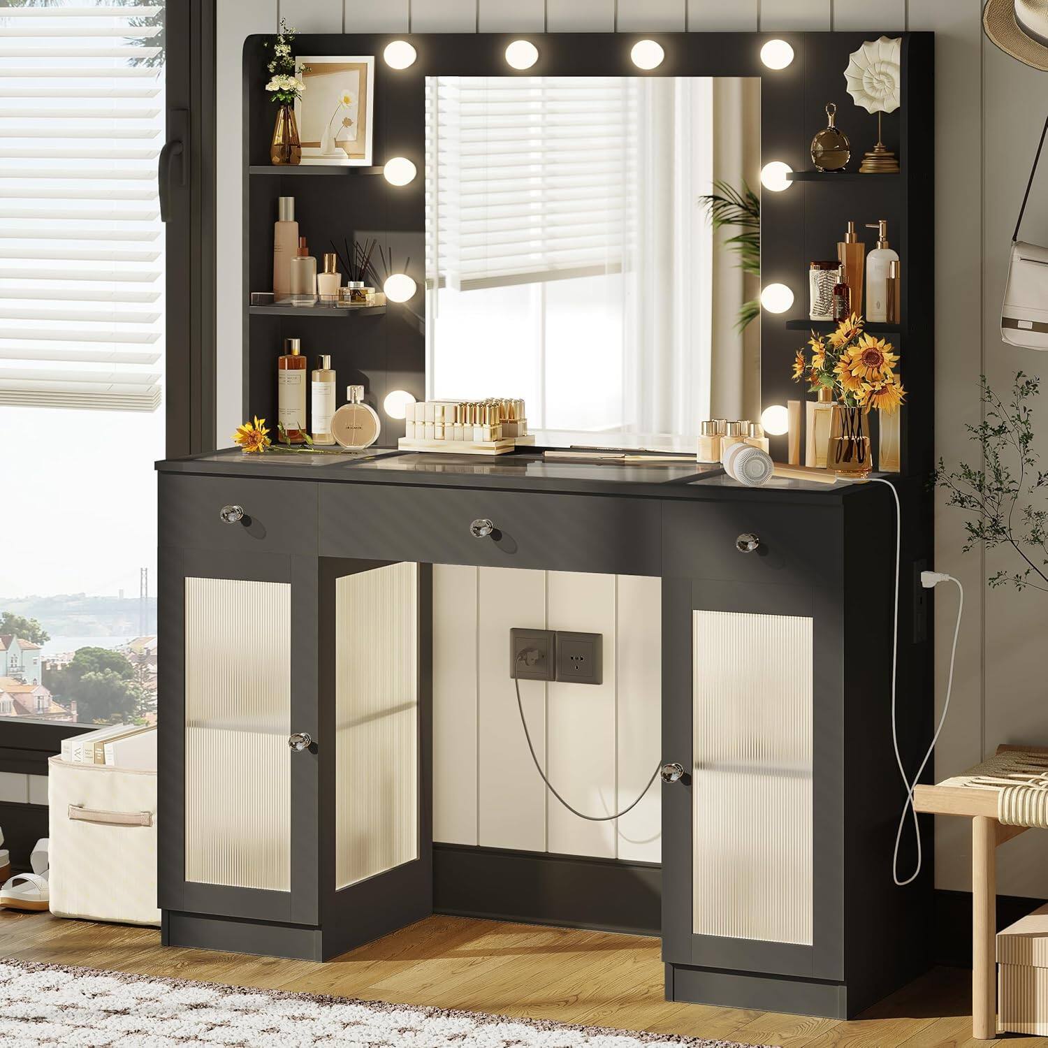 Alt View 2. DIYSET - DIYSET Vanity Desk with Lighted Mirror, Glass Top Vanity with 2 Cabinets & 3 Drawers & 4 Shelves - Black - Black.