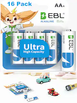 EBL - Alkaline AA Batteries (16 Pack), Ultra High Capacity 1.5V Long-Lasting Double A Alkaline Battery