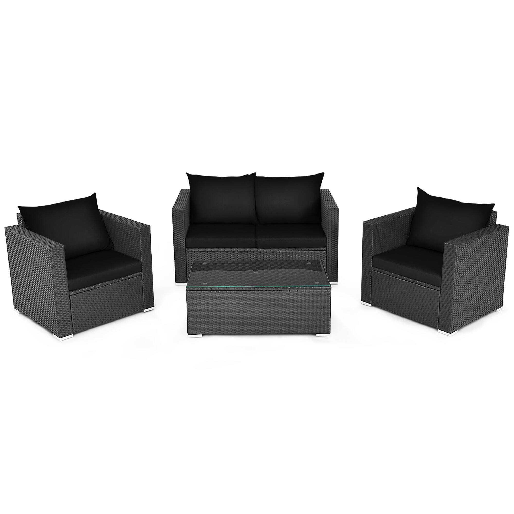 Alt View 1. Gymax - Gymax 4PCS Rattan Patio Conversation Set Outdoor Furniture Set w/ Black Cushions - Black.
