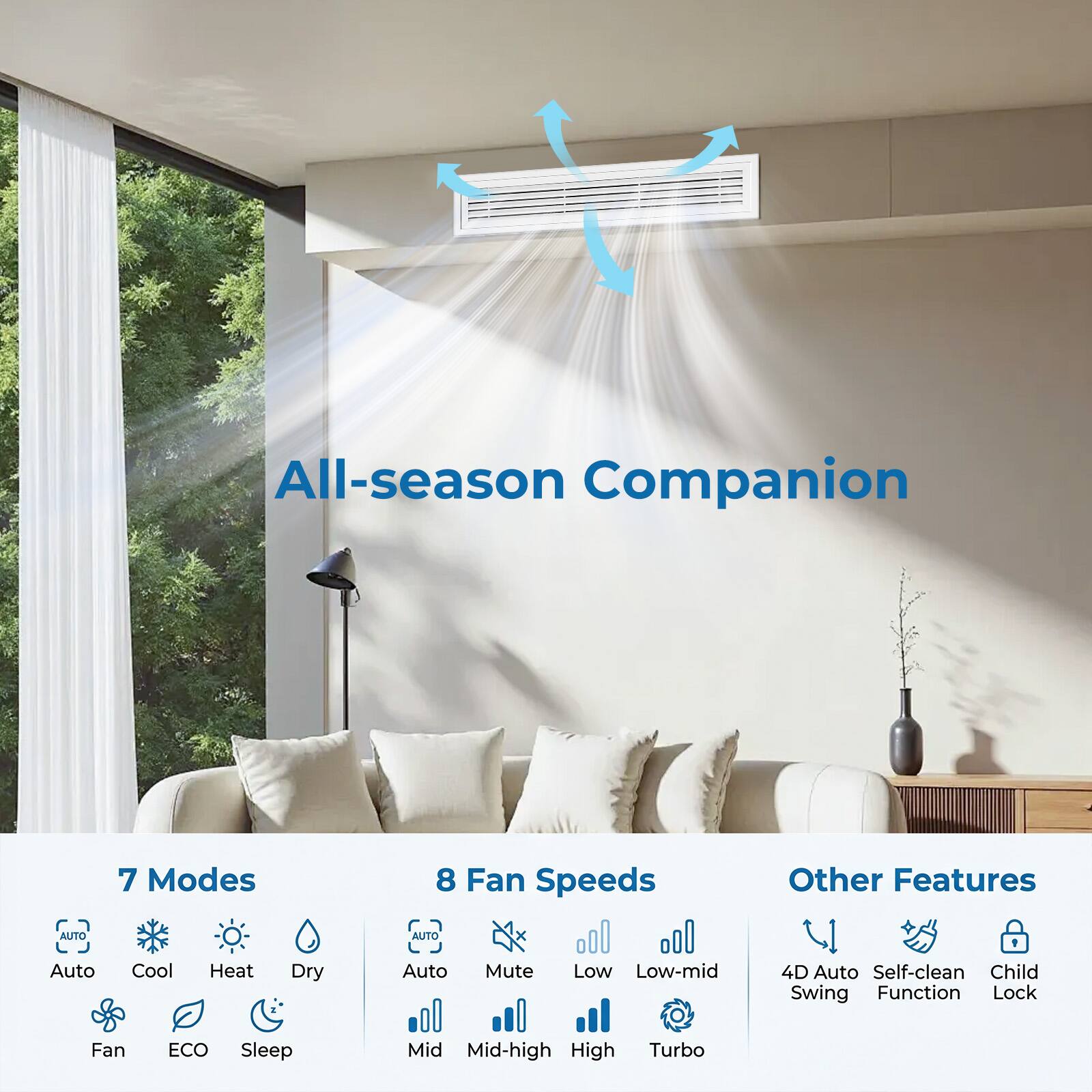 All-season Companion

7 Modes
- Auto
- Cool
- Heat
- Dry
- Fan
- ECO
- Sleep

8 Fan Speeds
- Auto
- Mute
- Low
- Low-mid
- Mid
- Mid-high
- High
- Turbo

Other Features
- 4D Auto Swing
- Self-clean Function
- Child Lock