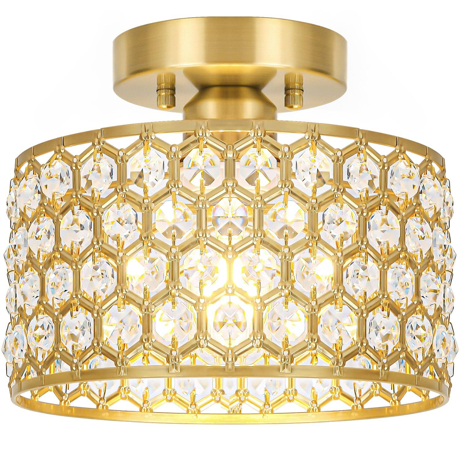 Front. Earthley Blooms - Crystal Ceiling Light Fixture Modern Semi Flush Mount Chandelier Lighting For Hallway Kitchen Foyer Daz - Gold 9in A.