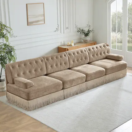 Front. Anysun - 135" Velvet Chesterfield Modular Sofa - Button Tufted, Tassel Skirt, Wood Base, Foam Cushions, Easy Assembly for Lounge - Camel.