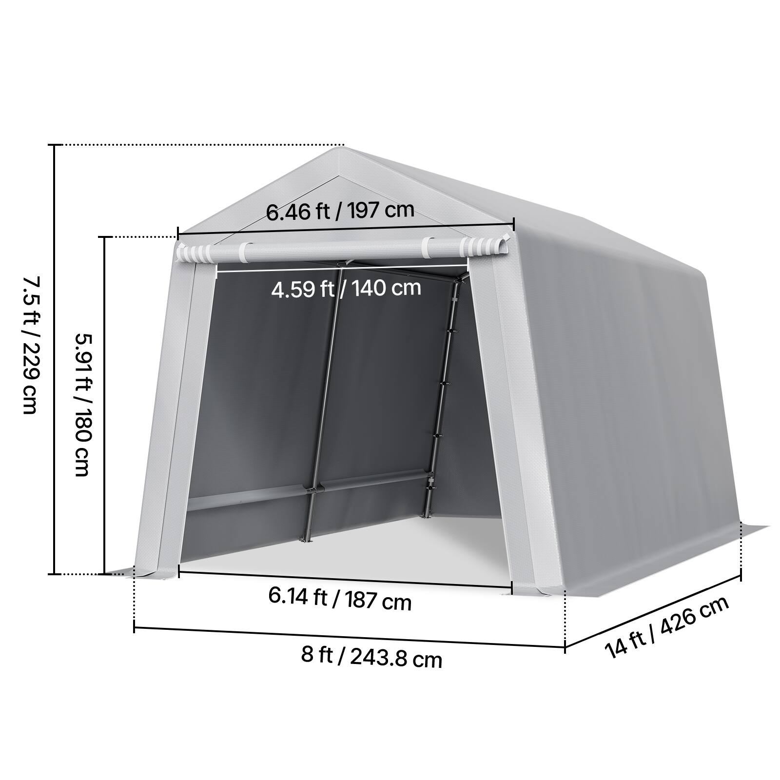 7.5 ft / 229 cm, 5.91 ft / 180 cm, 6.46 ft / 197 cm, 4.59 ft / 140 cm, 6.14 ft / 187 cm, 8 ft / 243.8 cm, 14 ft / 426 cm.