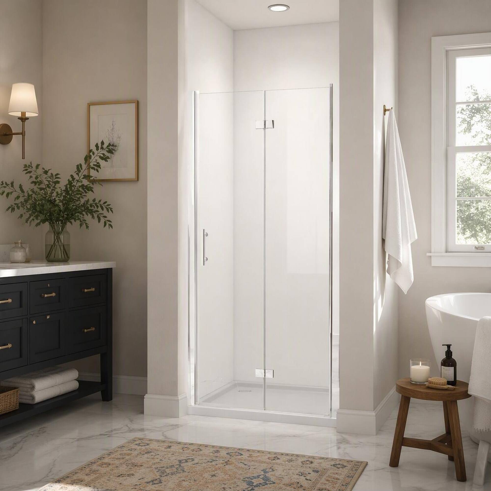 Angle. RYHNUYNE - 30-31 In X 72 In Bifold Shower Door, 1/4 In Clear Tempered Glass Chrome Finish - Brushed Nickel.