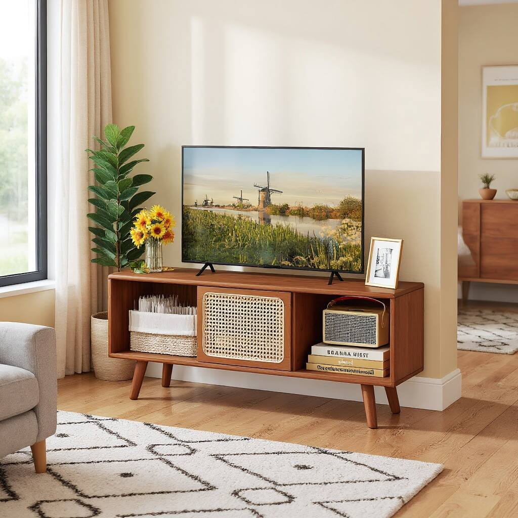 Kadyn - Entertainment TV Stand,Entertainment CenterModern TV Stand with Rattan Glass Sliding Doors - Brown