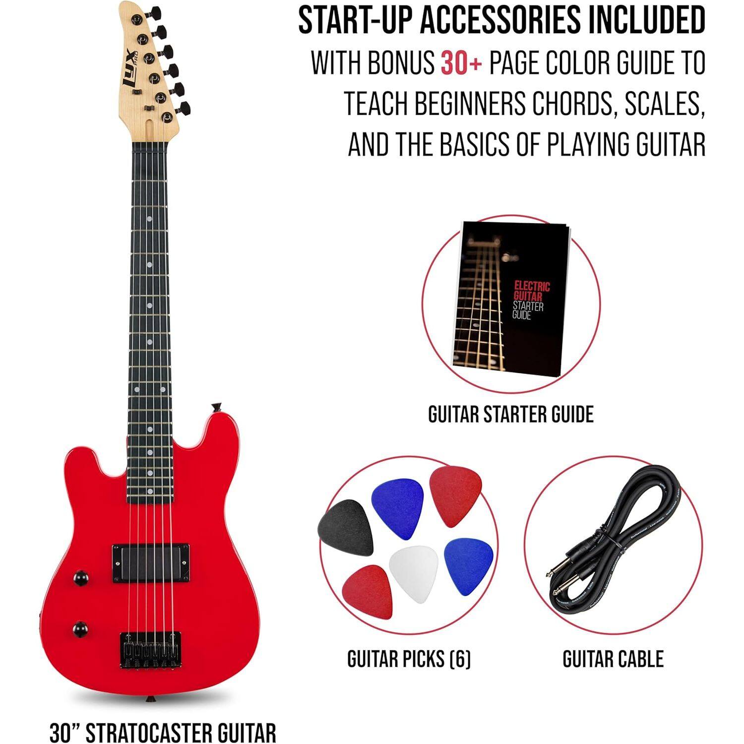 START-UP ACCESSORIES INCLUDED WITH BONUS 30+ PAGE COLOR GUIDE TO TEACH BEGINNERS CHORDS, SCALES, AND THE BASICS OF PLAYING GUITAR

- GUITAR STARTER GUIDE
- GUITAR PICKS (6)
- GUITAR CABLE
- 30" STRATOCASTER GUITAR