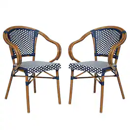 Emma + Oliver - 2 Pack Stacking Bistro Chair with Metal Frame & PE Seat - Navy & White/Natural Frame