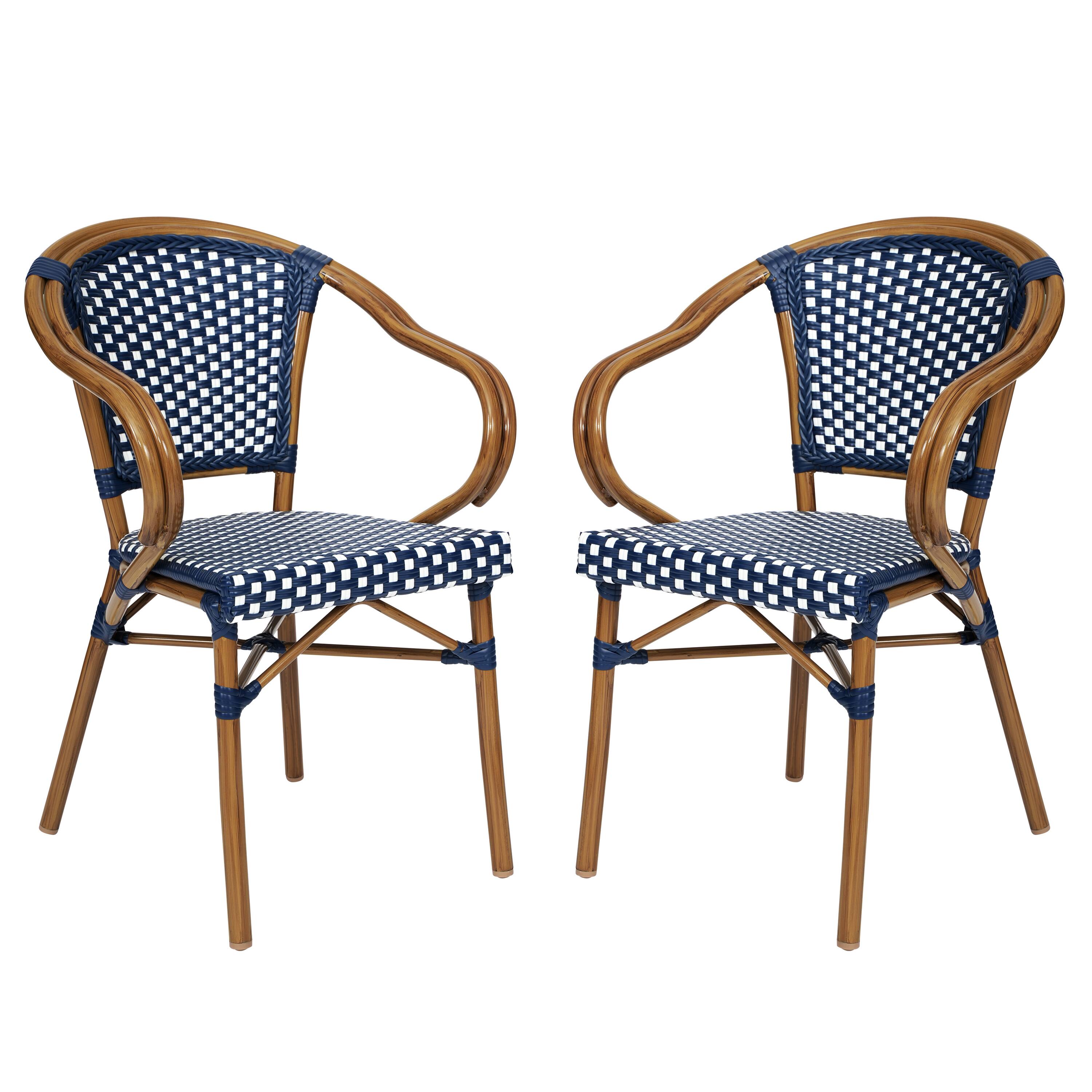 Front. Emma + Oliver - 2 Pack Stacking Bistro Chair with Metal Frame & PE Seat - Navy & White/Natural Frame.