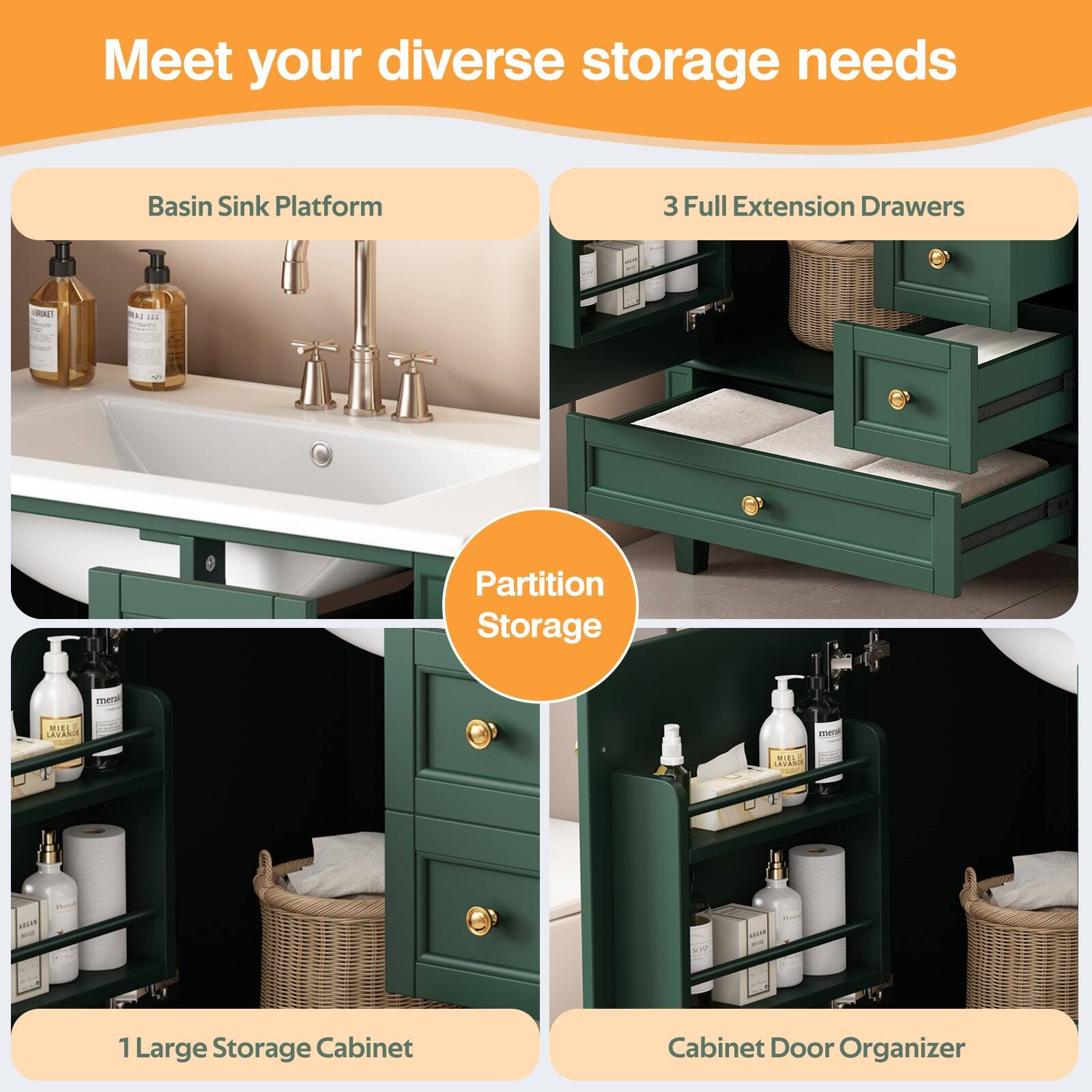Meet your diverse storage needs

- Basin Sink Platform
- 3 Full Extension Drawers
- Partition Storage
- 1 Large Storage Cabinet
- Cabinet Door Organizer