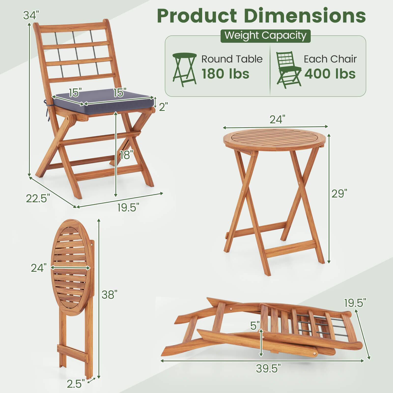 Product Dimensions:
- Round Table: 180 lbs
- Each Chair: 400 lbs

Weight Capacity:
- Round Table: 180 lbs
- Each Chair: 400 lbs