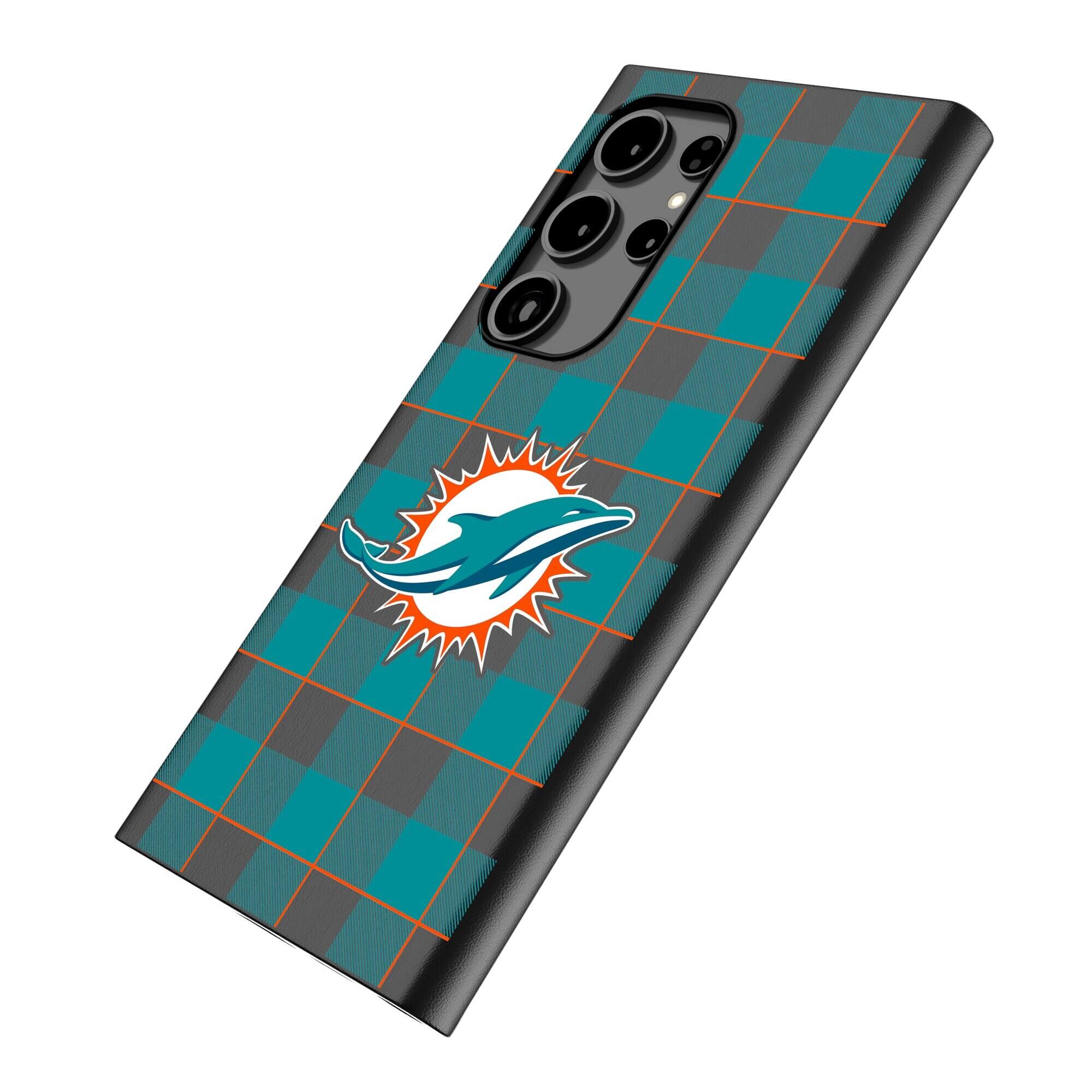 Alt View 1. Keyscaper - Miami Dolphins Plaid Galaxy Magnetic Bump Case - S24 Ultra - Black.