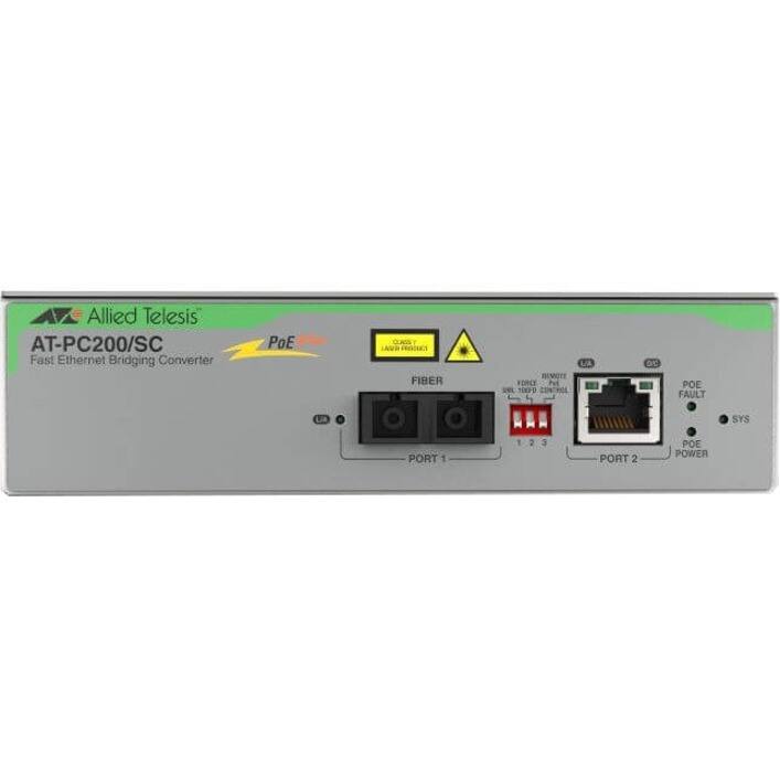 Allied Telesis  
AT-PC200/SC  
Fast Ethernet Bridging Converter  

PoE  

FIBER  
PORT 1  

PORT 2  
POE POWER  

FAULT  
SYS  

DC  

1 2 3