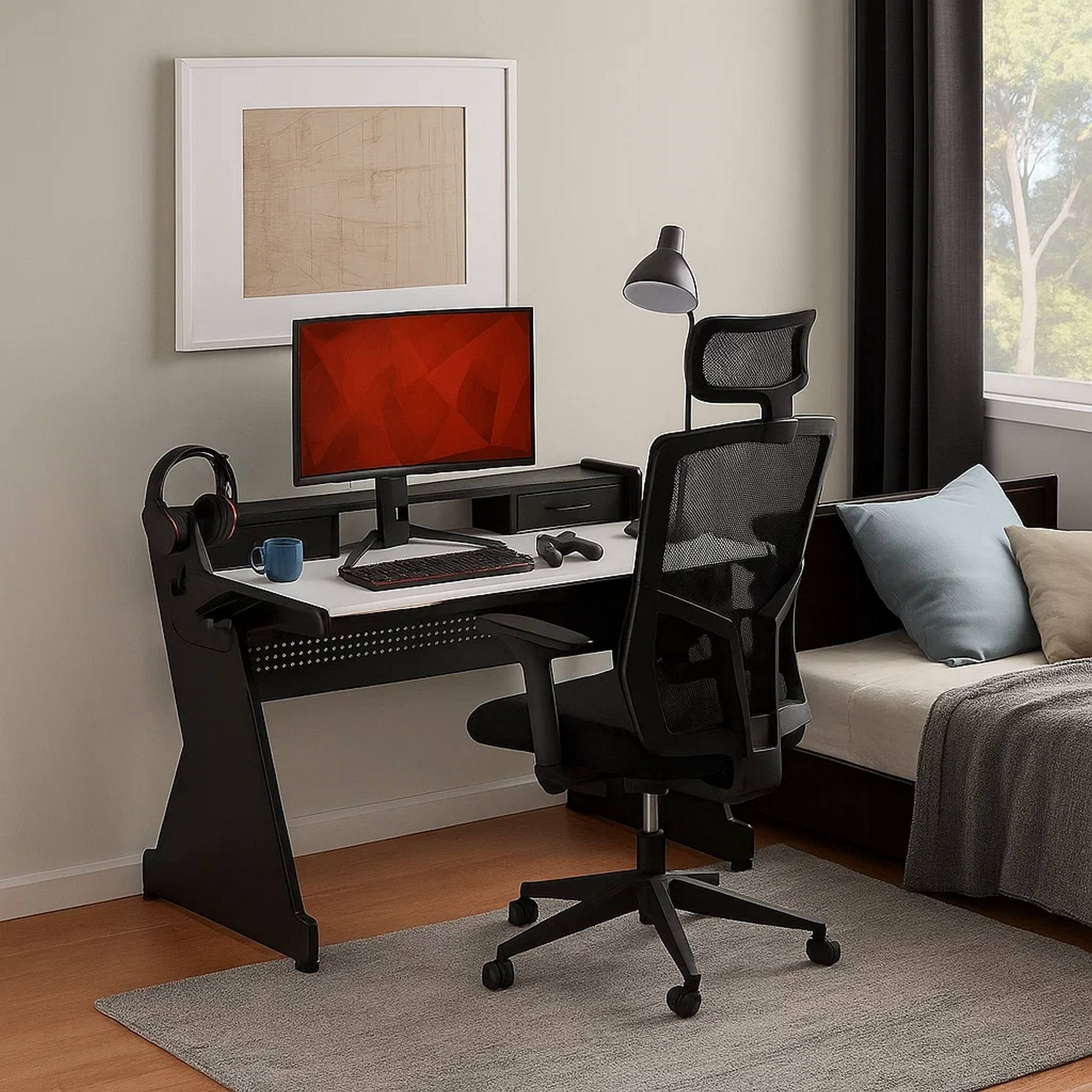 Alt View 5. Manhattan Lane - Gaming Table with Cup Holder and Headset Rack - Black, White.