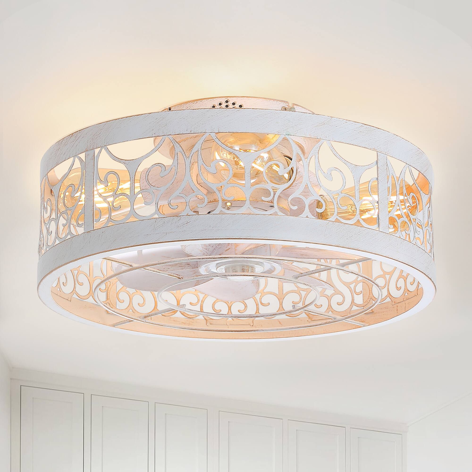 Front. Breezary - 16.5" Modern Flush Mount Caged Ceiling Fan with 7 ABS Blades, DC Motor, 6-Speed Remote Control with Timer - Distressed White and Gold.