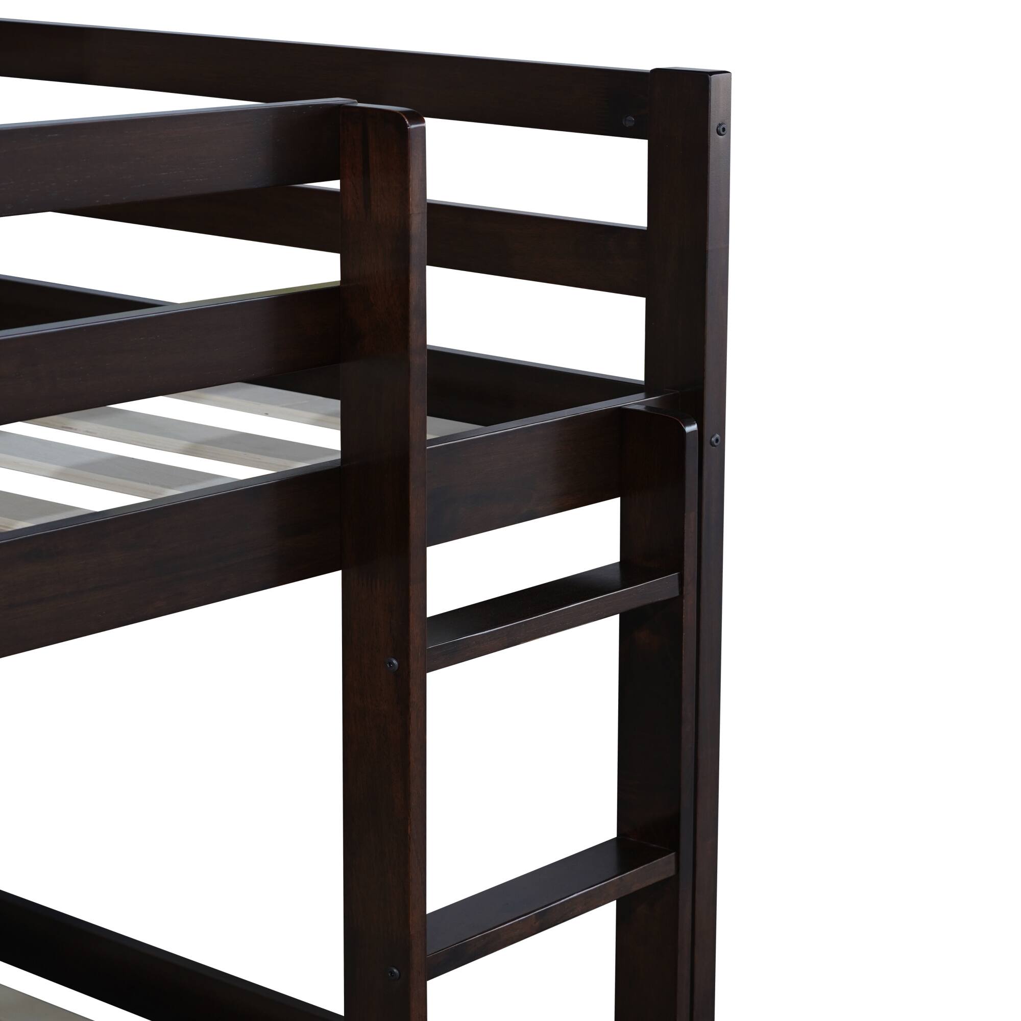 Back. GOODSILO - Solid Wood Twin Over Twin Floor Bunk Bed with Ladder and Strengthened Slats for Enhanced Stability - Espresso.