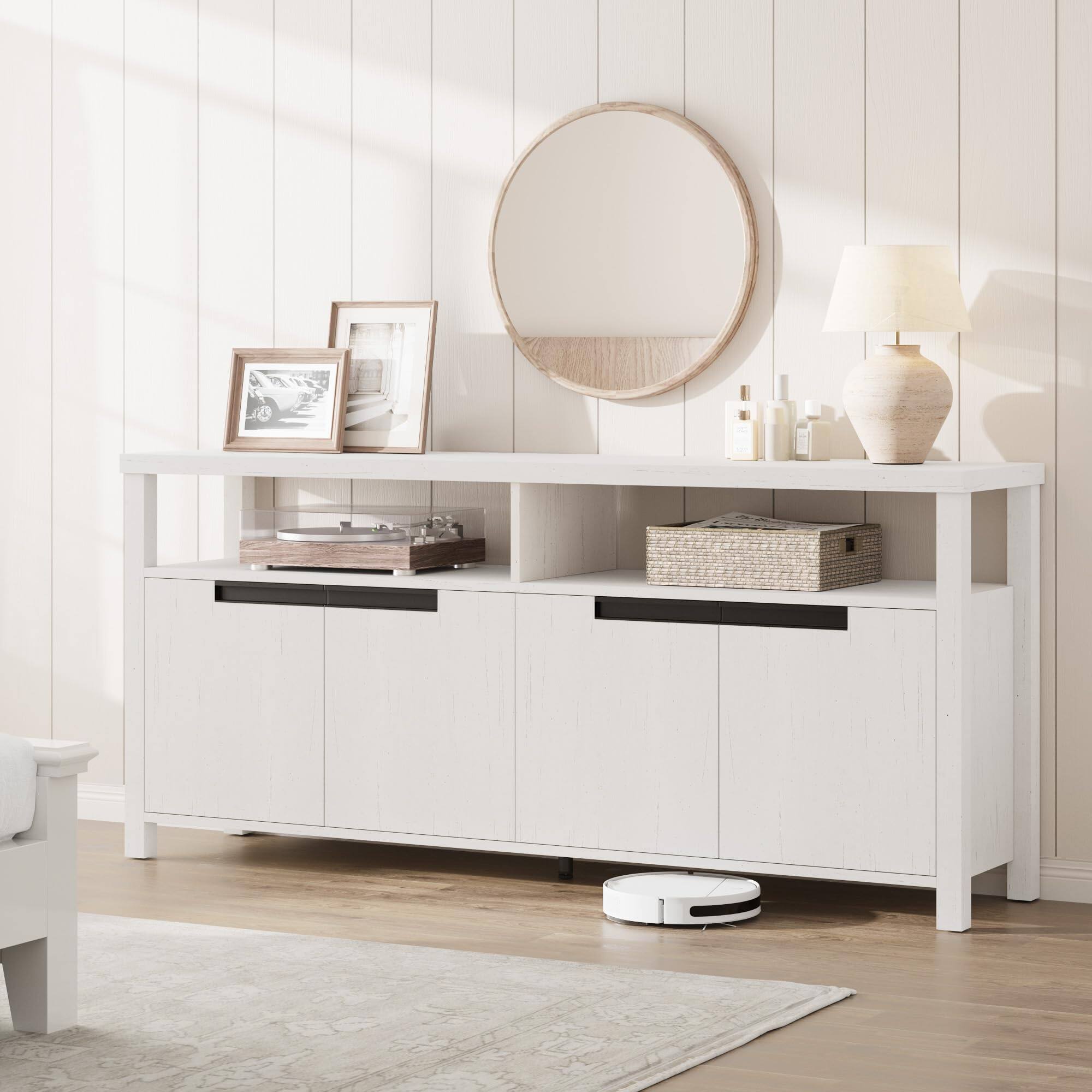 Back. GAOMON - GAOMON 63" Boho TV Stand for 70" TV, Long Entertainment Center with 4 Doors, Open Shelf & Adjustable Storage - White.