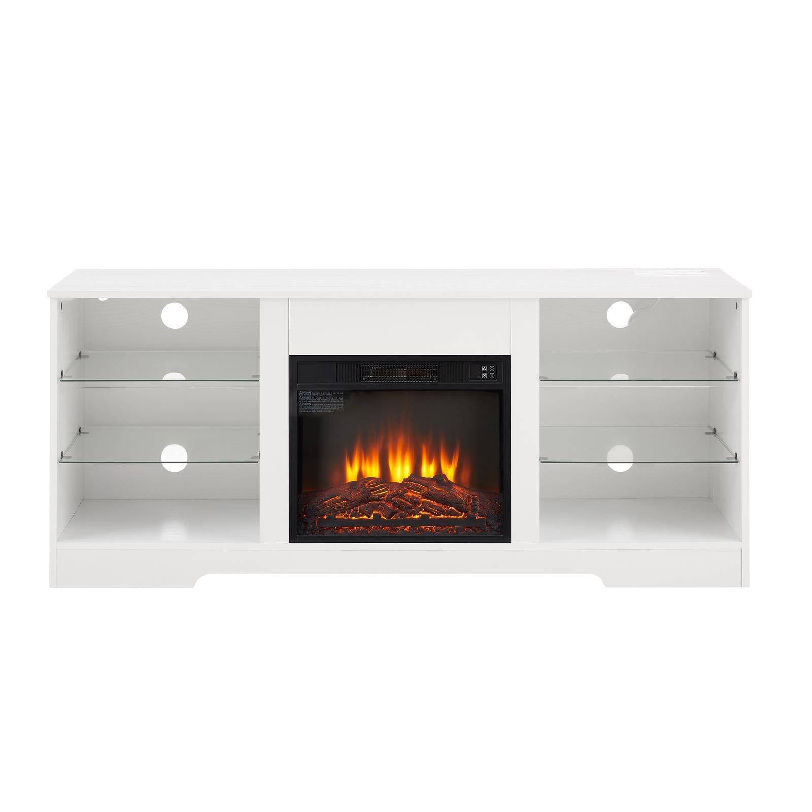 Angle. Spaco - Spaco Electric Fireplace TV Stand for 32-62 Inch TVs, 3D LED Flame, Glass Shelves, USB Outlet, White for Living Room - White.