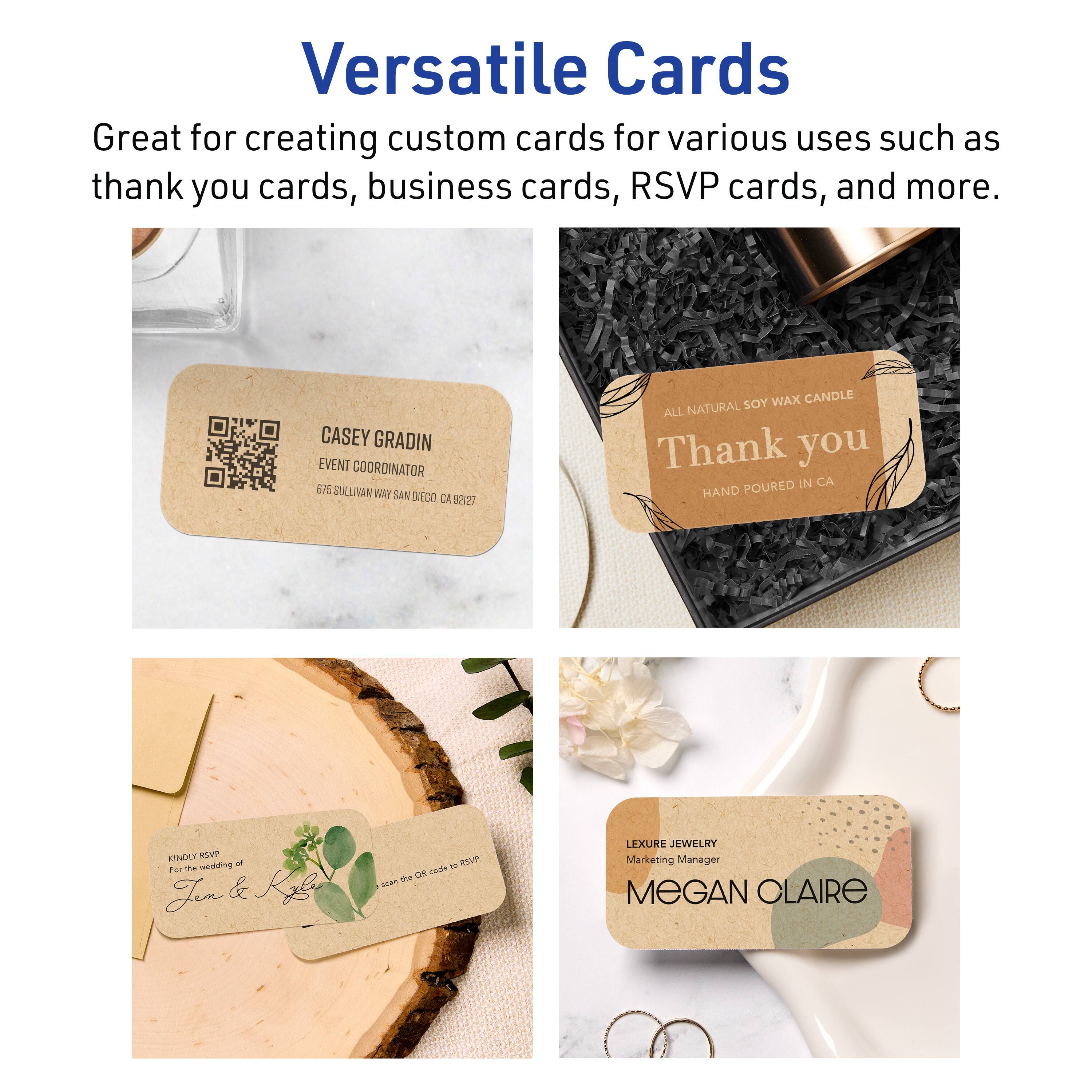 Versatile Cards

Great for creating custom cards for various uses such as thank you cards, business cards, RSVP cards, and more.

CASEY GRADIN  
EVENT COORDINATOR  
675 SULLIVAN WAY SAN DIEGO, CA 92127

ALL NATURAL SOY WAX CANDLE  
Thank you  
HAND POURED IN CA

KINDLY RESPOND  
RSVP by [date]  
Jen & Kyle  
scan the QR code to RSVP

LEXURE JEWELRY  
Marketing Manager  
MEGAN OLAIRE